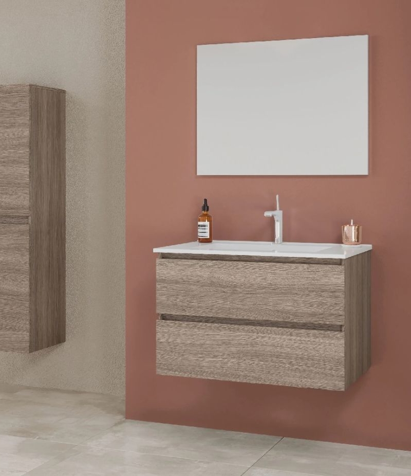 Mobile bagno sospeso BASIC 80 cm Rovere Fumo con lavabo, specchio e LED