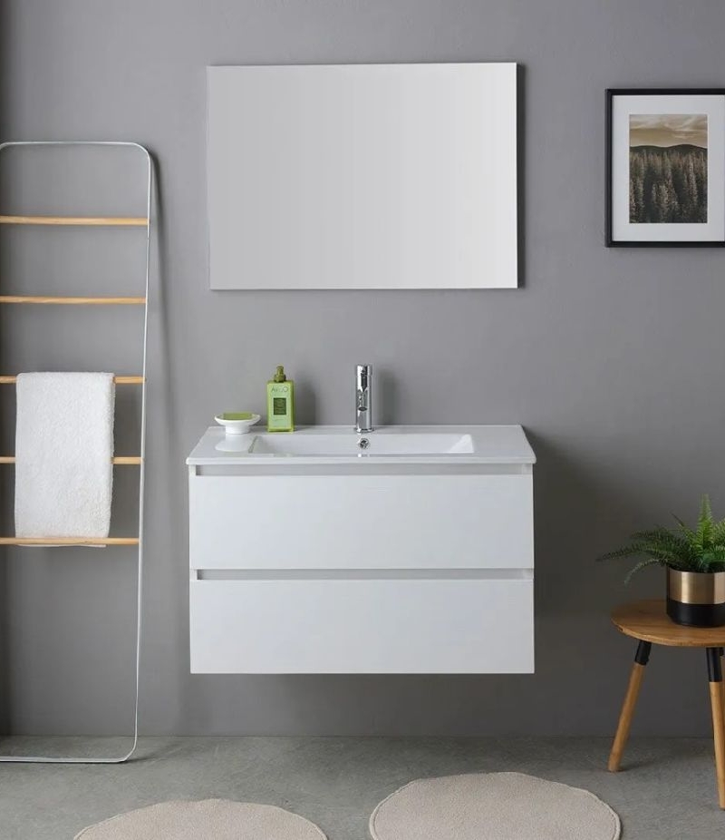 Mobile bagno sospeso BASIC 80 cm Bianco Lucido con lavabo, specchio e LED