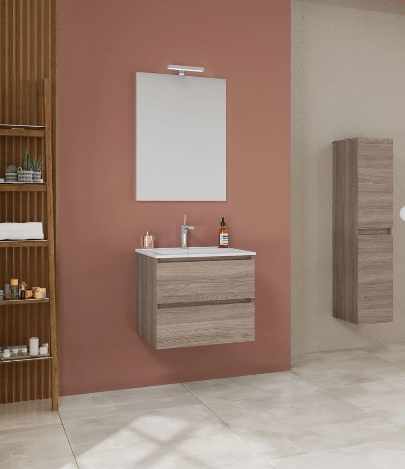 EASY 60 COMP. ROVERE FUMO 2 C + lavabo cer.+ specchio + lampada led