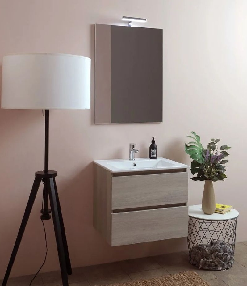 EASY 60 COMP. ROVERE GRIGIO 2 C + lavabo cer.+ specchio + lampada led