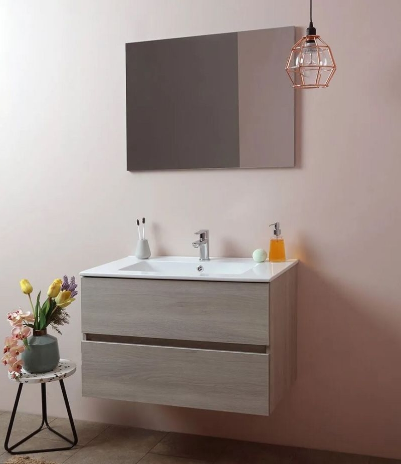 EASY 80 COMP. ROVERE GRIGIO 2 Cassetti+ lavabo cer.+ specchio + lampada led