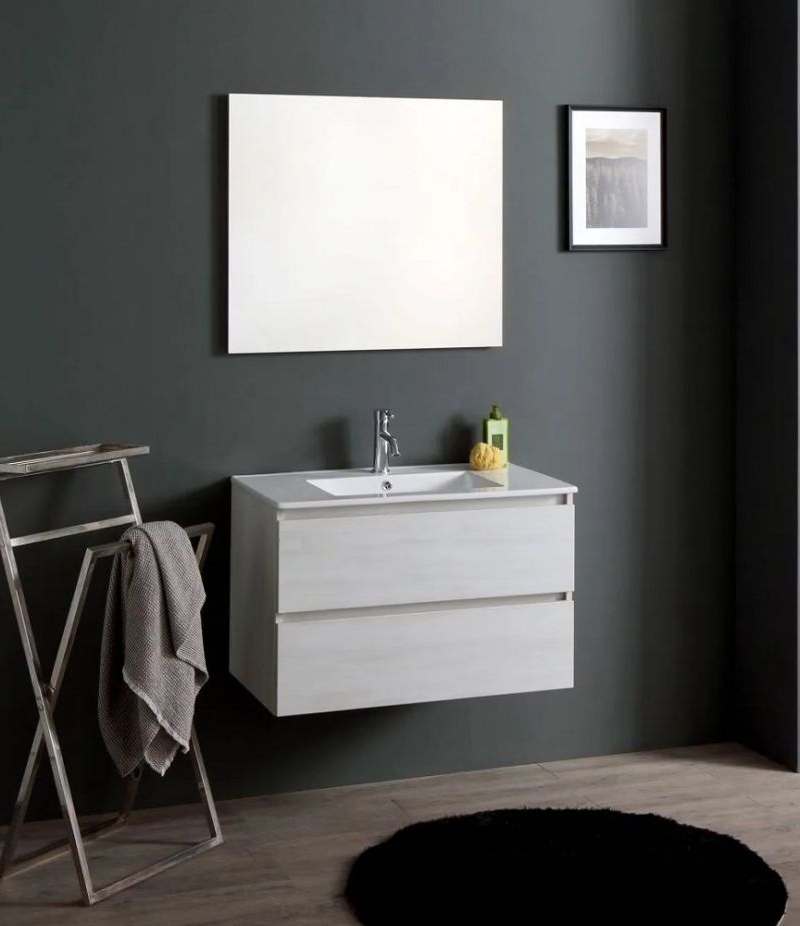 EASY 80 COMP.ROVERE BIANCO 2 cassetti+ lavabo cer.+ specchio + lampada led