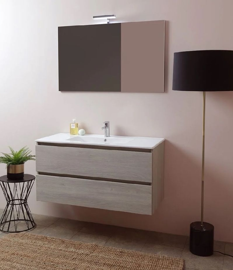 EASY 100 COMP. ROVERE GRIGIO 2 C + lavabo cer.+ specchio + lampada led