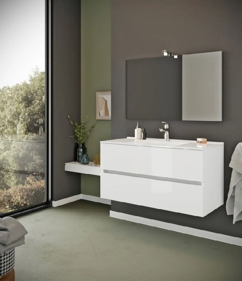 EASY 100 COMP. BIANCO LUCIDO 2 C + lavabo cer.+ specchio + lampada led