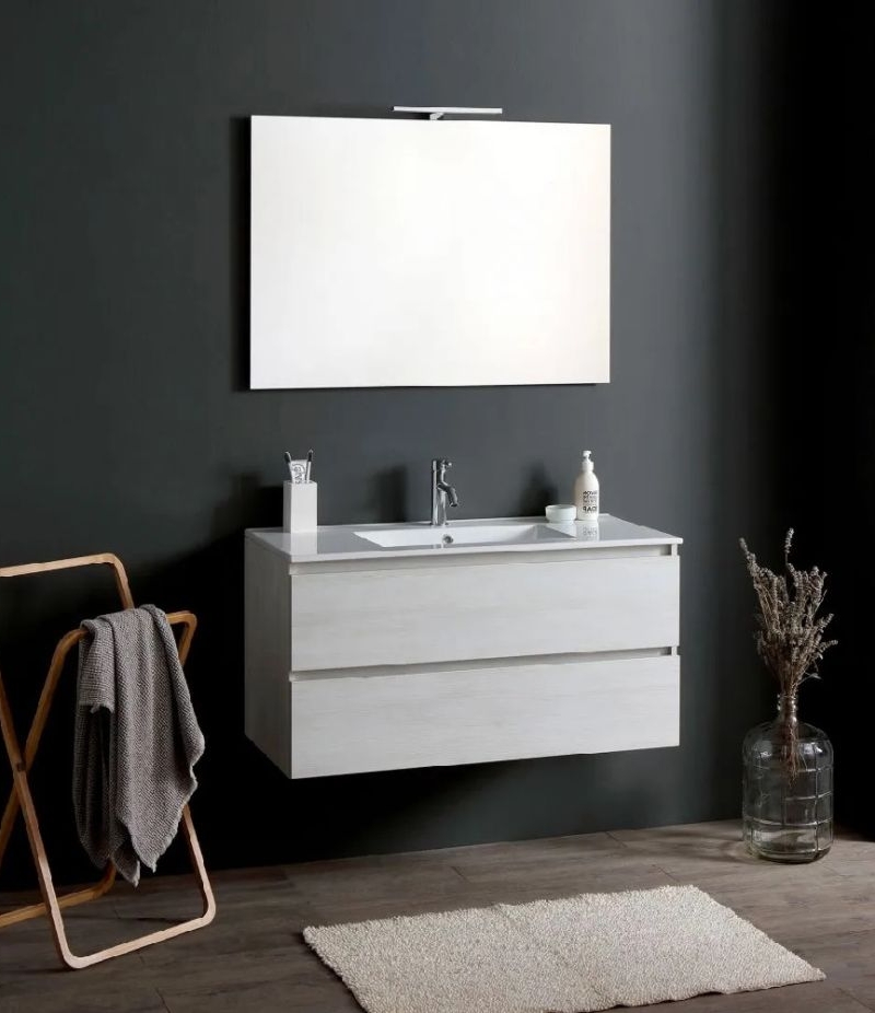 EASY 100 COMP. ROVERE BIANCO+ lavabo cer.+ specchio + lampada led