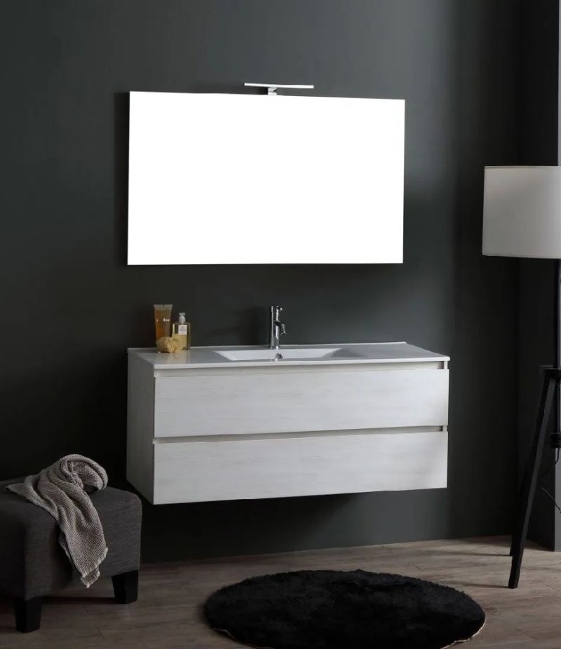 EASY 120 COMP. ROVERE BIANCO+ lavabo cer.+ specchio + lampada led