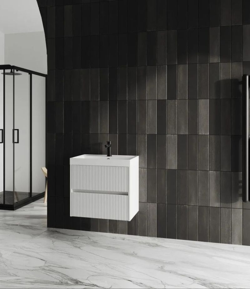 Mobile Cannettato 60  Rovere Biancocon lavabo in resina