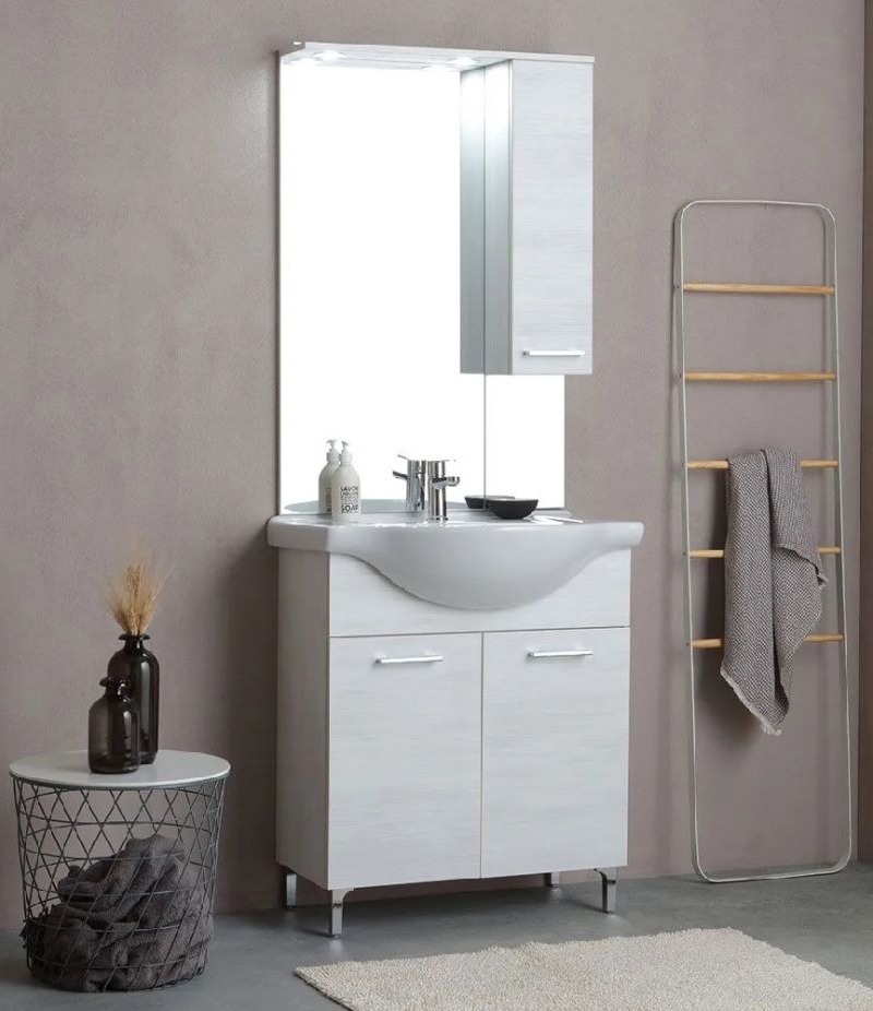 Comp. Rubino da 75 Rovere Bianco lavabo in porcellana specchio c/lampada led