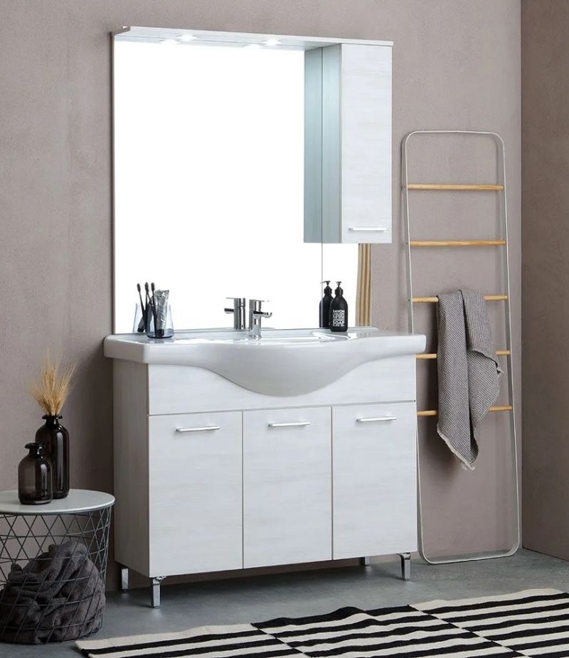 Comp. Rubino 105 Rovere Bianco lavabo in porcellana specchio c/lampada led