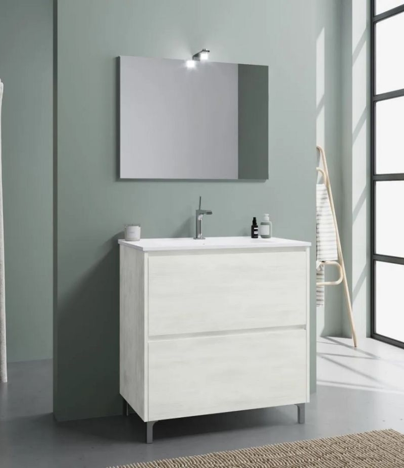 Comp. Lisbona 80  Rovere Bianco lavabo in porcellana specchio c/lampada led