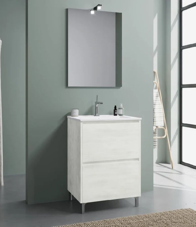 Comp. Lisbona 60  Rovere Bianco lavabo in porcellana specchio c/lampada led