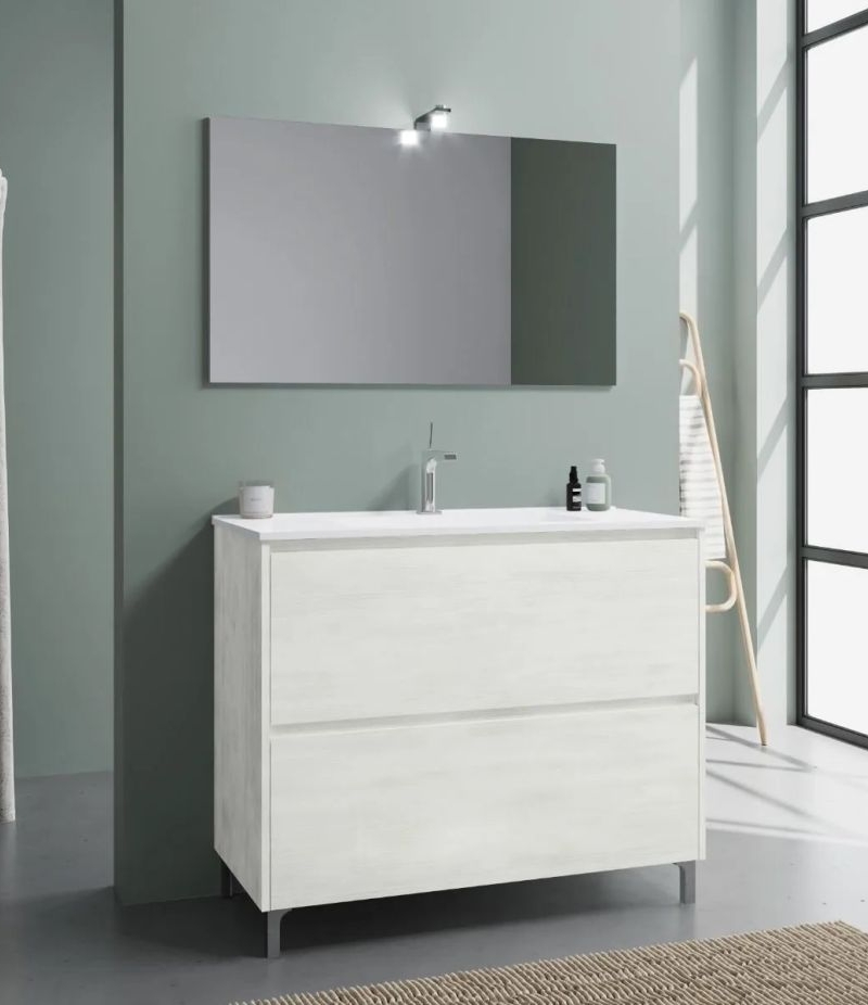 Comp. Lisbona 100  Rovere Bianco lavabo in porcellana specchio c/lampada led