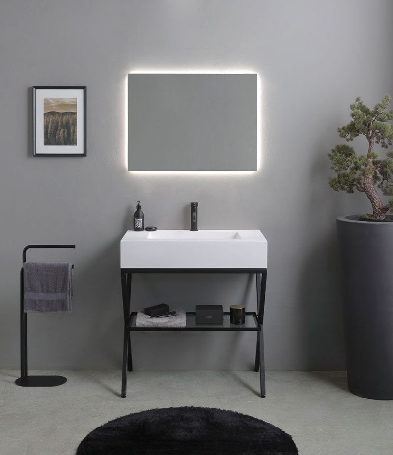 Mobile Bagno a terra 80 CM Madeira Bianco con Cavalletto   specchio c/lampada led