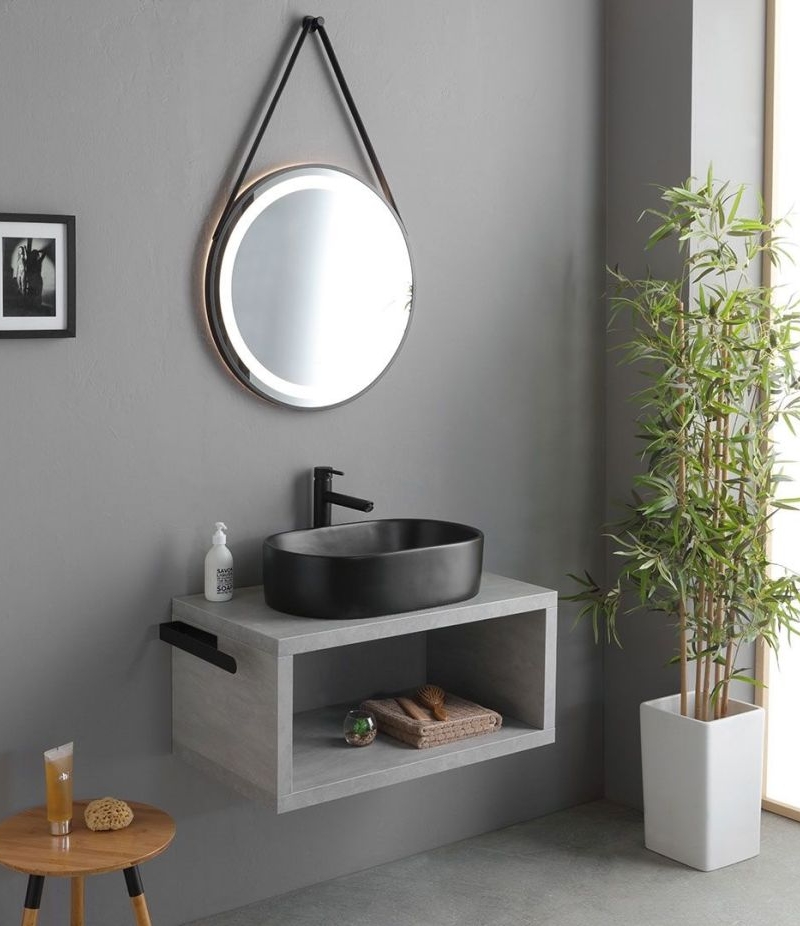 Mobile Bagno  Lavabo nero app.  80 CM   Kos Cemento Specchio tondo led