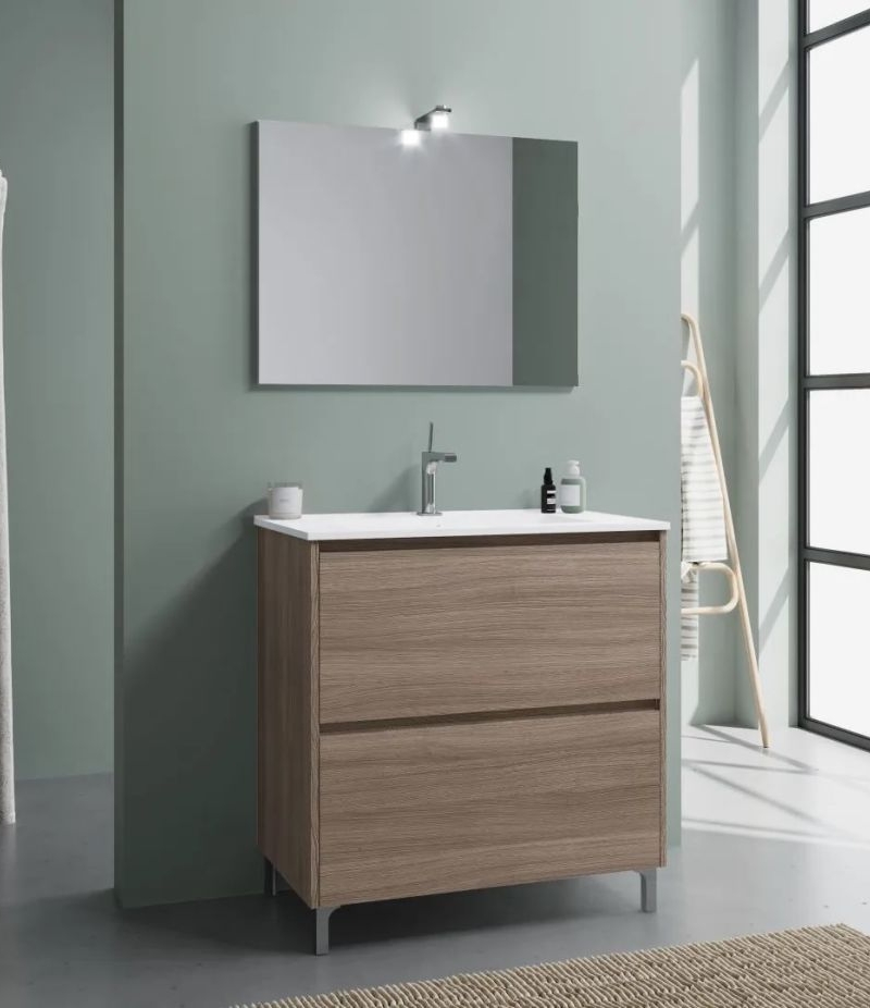 Lisbona  80 Mobile a terra Rovere Fumo + lavabo cer.+ specchio + lampada led